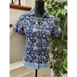 Karen Scott Womens Blue Floral Cotton Collared Short Sleeve Button Down Shirt PS